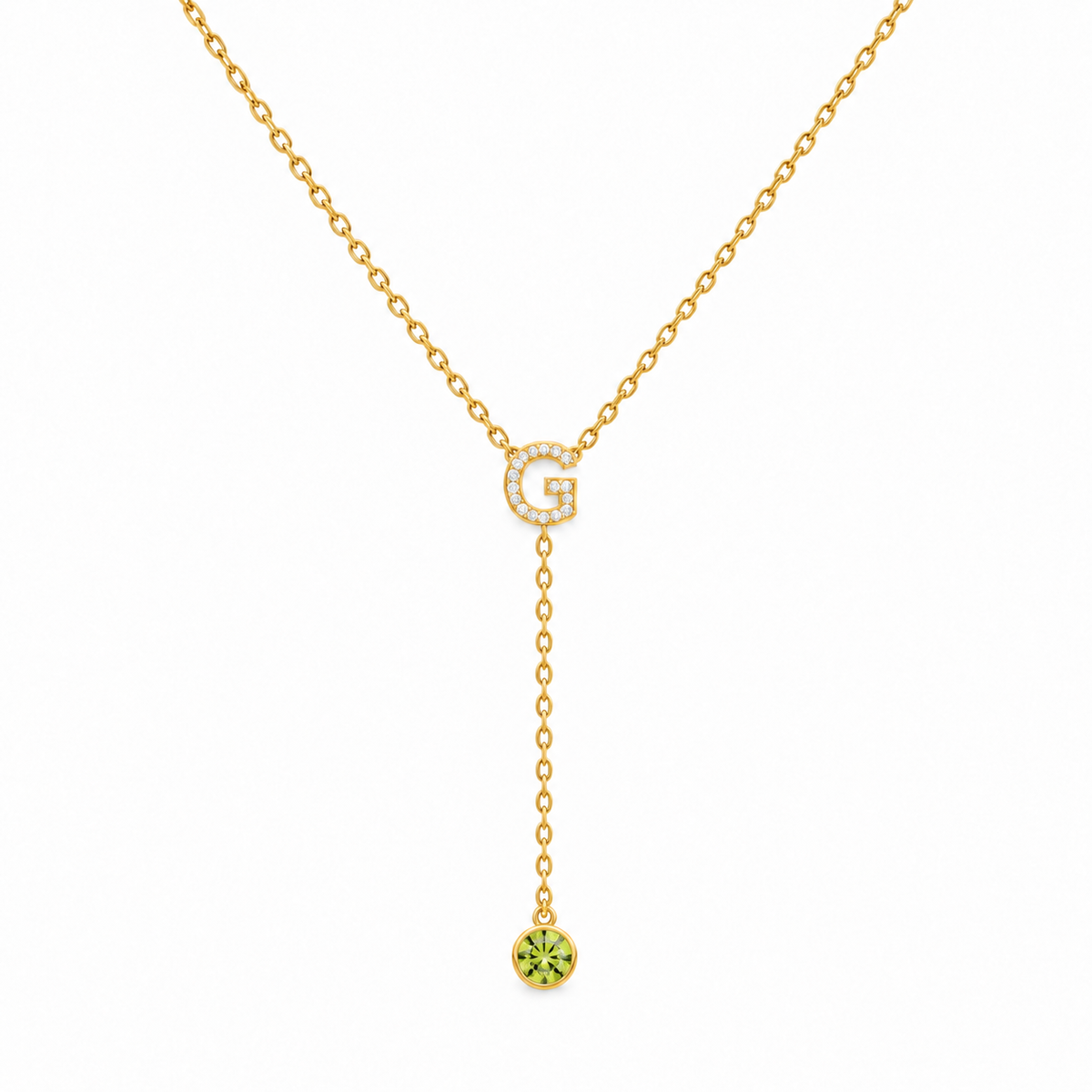 Masaliko G harfli Y kolye, Altın / Ağustos – Peridot. Uç taşı renk önizlemesi; renk temsilidir.