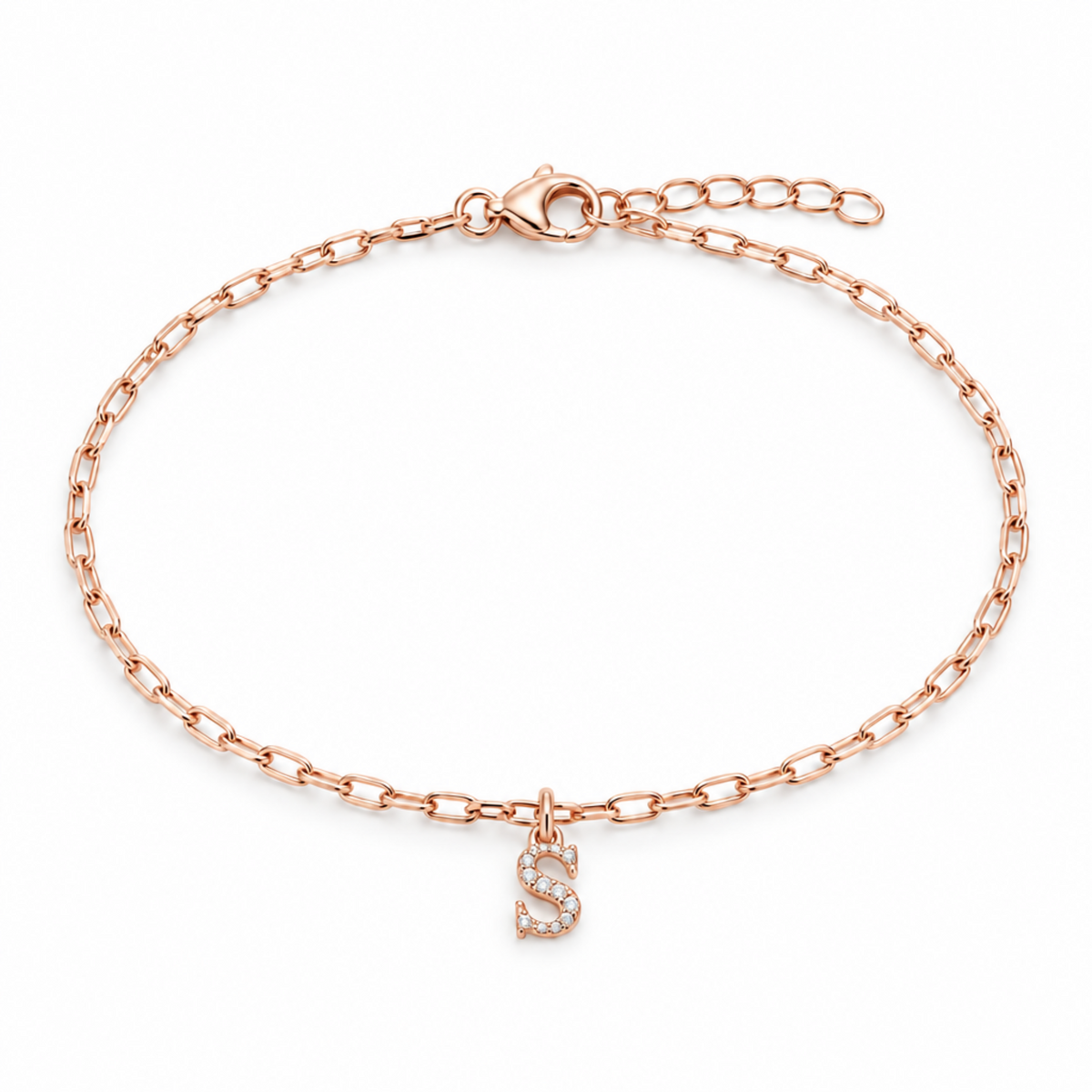 S harfli minimal Rose Gold renk zincir bileklik, beyaz fon