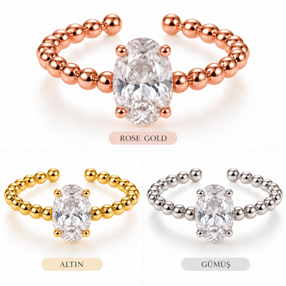 Litu 1 Oval Kesim Gümüş Yüzük - Altın Gümüş Rose Gold üç renk kolaj
